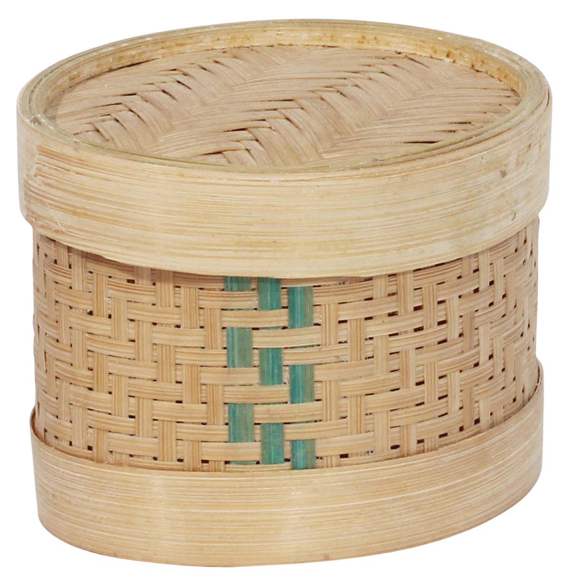 Bulk Buy Irregular Circle Shaped 10x9” Jewelry Box/Storage Box with Lid - Wholesale Beige & Green Jewelry Box/Trinket Box in Hand-Woven Bamboo Stripes from India