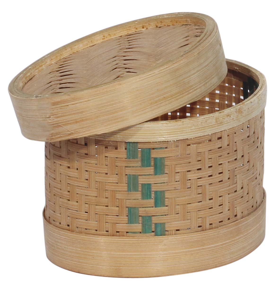 Bulk Buy Irregular Circle Shaped 10x9” Jewelry Box/Storage Box with Lid - Wholesale Beige & Green Jewelry Box/Trinket Box in Hand-Woven Bamboo Stripes from India
