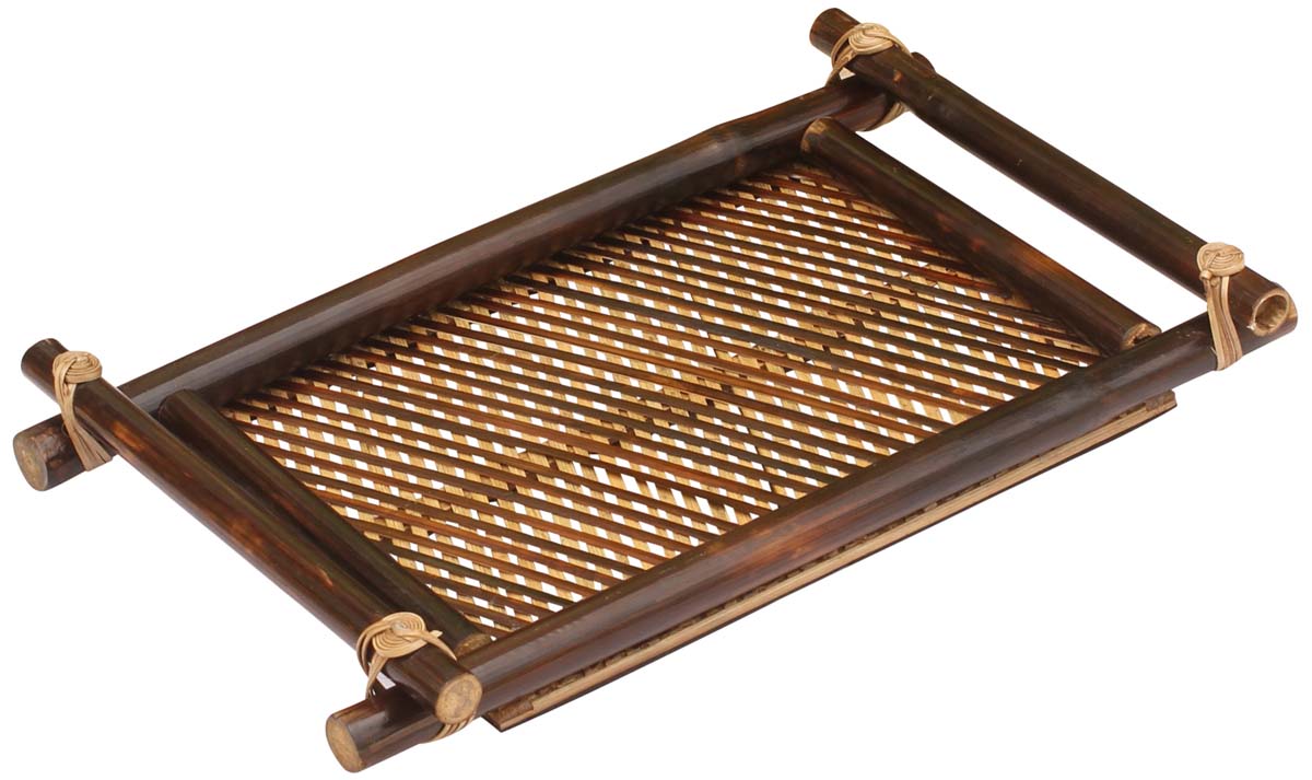 Bulk Wholesale Decorative Bamboo Tray in Light Brown Color - 14” Hand-Woven & Eco-Friendly Tray for Side Tables/Bathroom Counter-Tops/Dressing Tables from India - Home/Office Decor