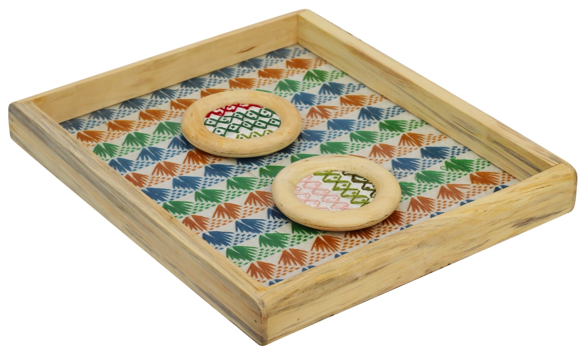 11.9” Bora Tray with 2 Glass Covers - Multicolored Wood Tray with Glass Base - Kitchen Essentials - Buy in Bulk Wholesale