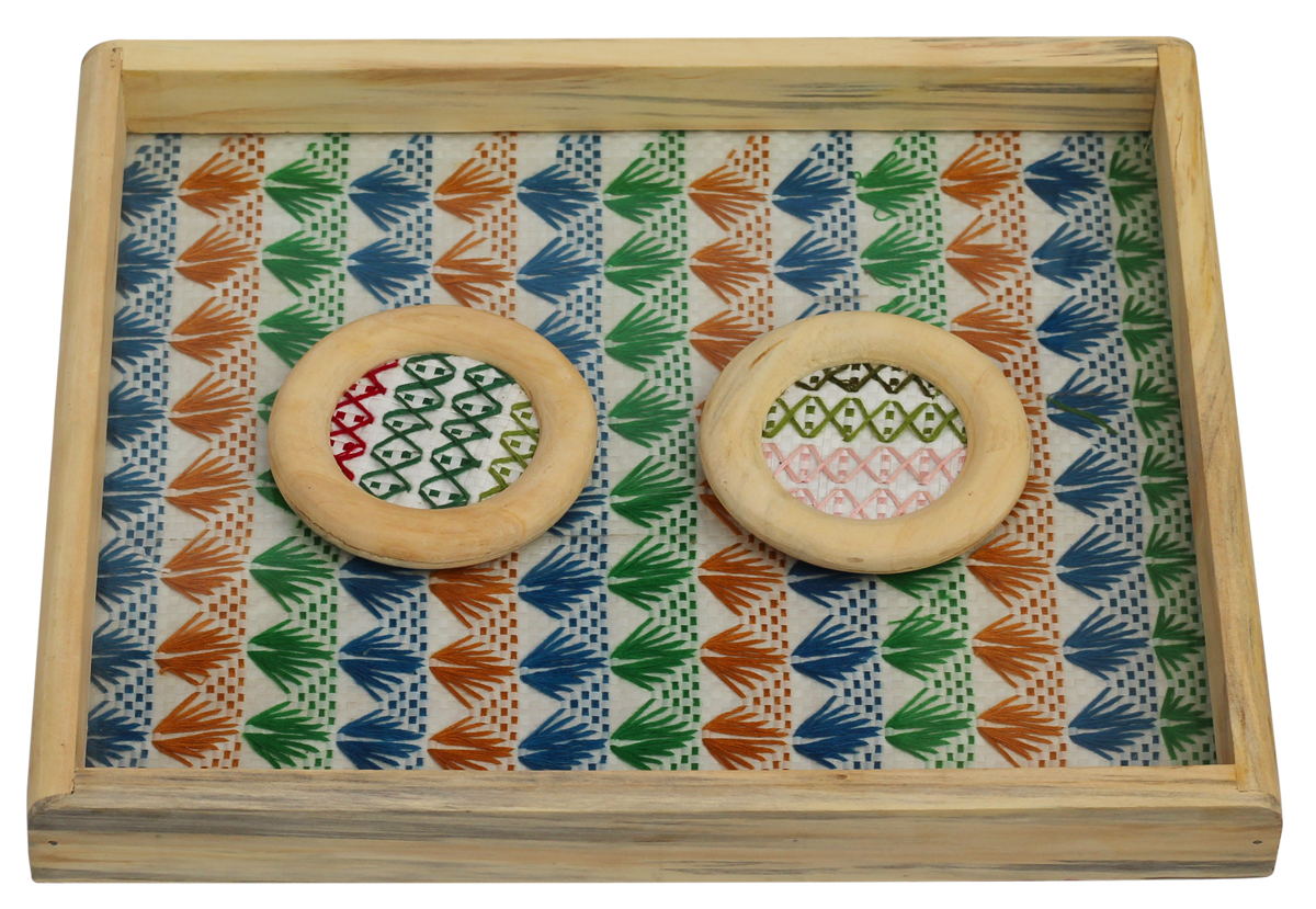 11.9” Bora Tray with 2 Glass Covers - Multicolored Wood Tray with Glass Base - Kitchen Essentials - Buy in Bulk Wholesale
