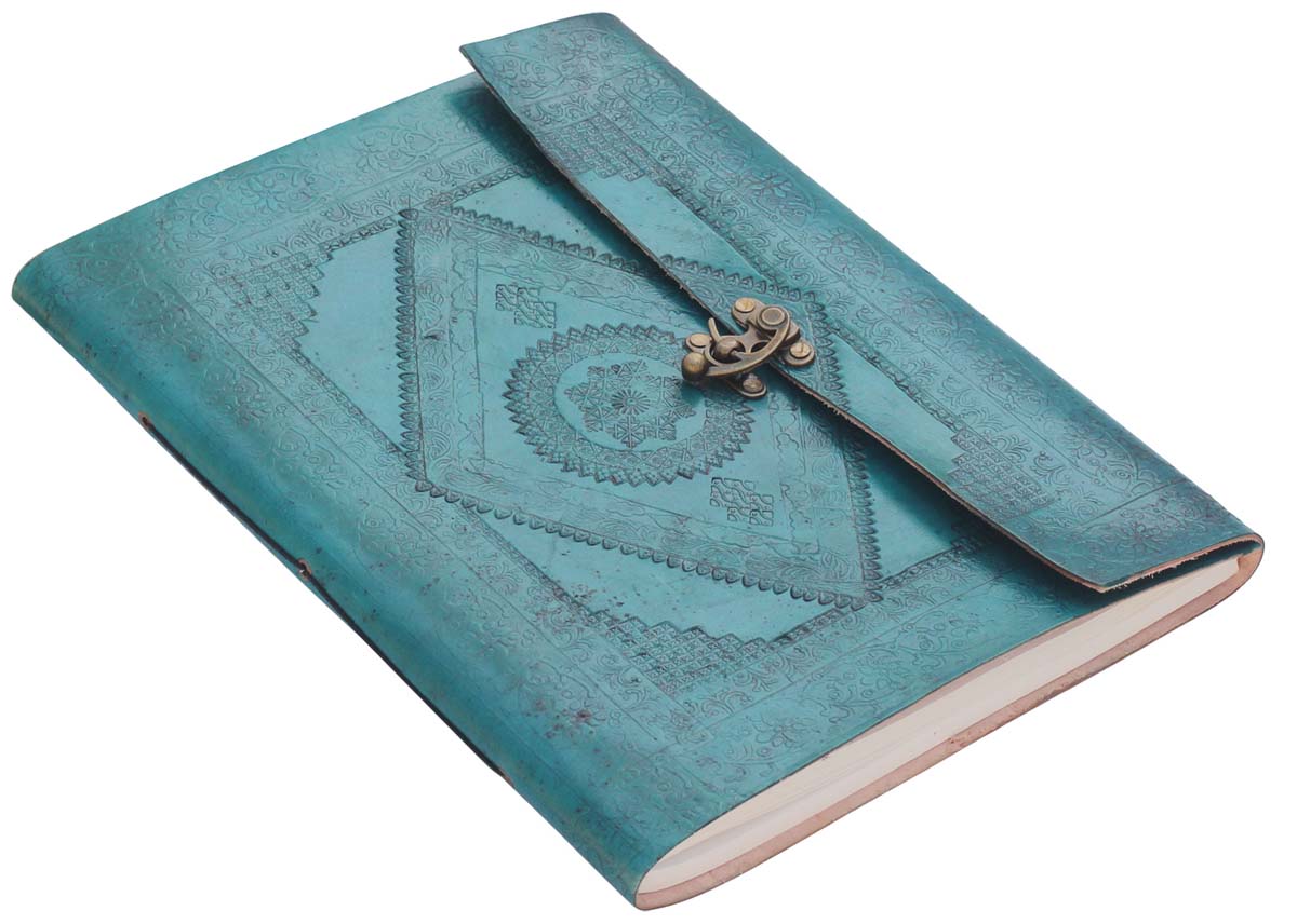 Bulk Wholesale 10.5x13 Inch Handmade Turquoise Color Notebook/Scrapbook/Sketchbook in Embossed Leather Cover with an Iron Latch - Colorful Writing Journals/Travel Diaries