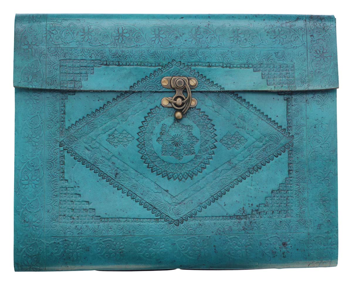 Bulk Wholesale 10.5x13 Inch Handmade Turquoise Color Notebook/Scrapbook/Sketchbook in Embossed Leather Cover with an Iron Latch - Colorful Writing Journals/Travel Diaries