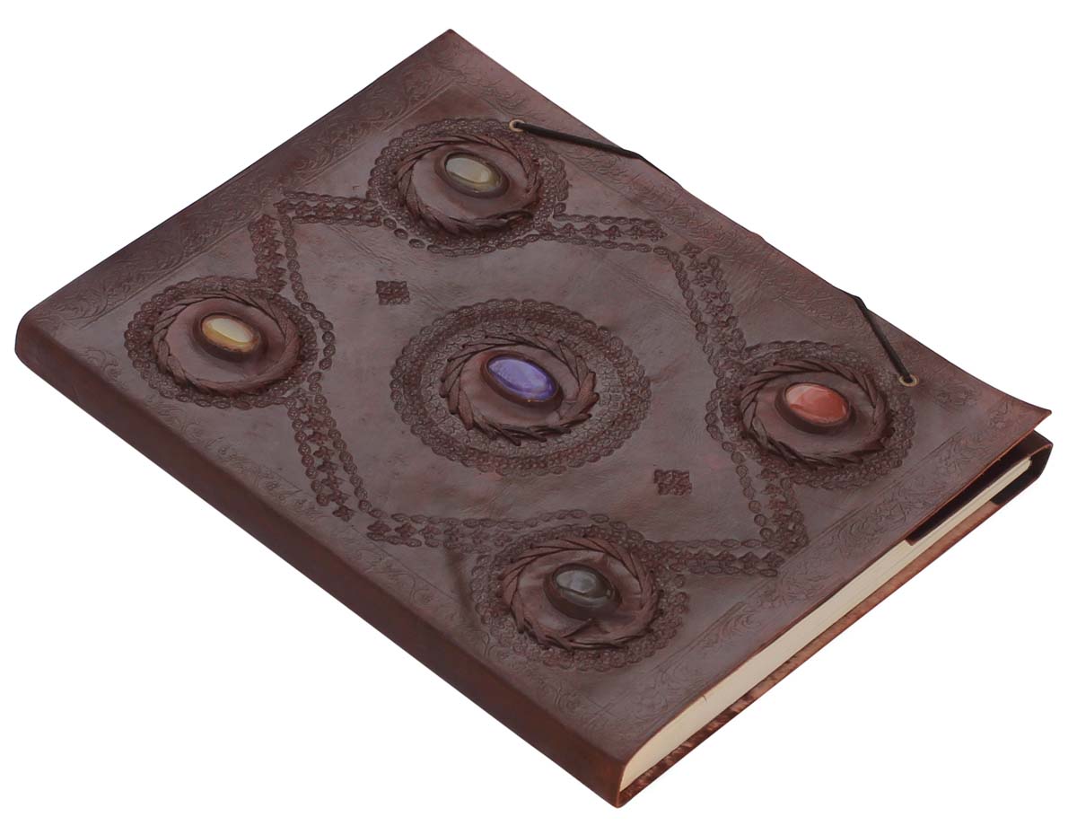 Bulk Wholesale Blank Writing Journal/Travel Diary in Leather Cover Decorated with 5 Faux Stones of Various Colors 10.5x13 Inch Handmade Brown Color - Secured by Thread-Button Closure - Unique Notebook/Scrapbook/Sketchbook