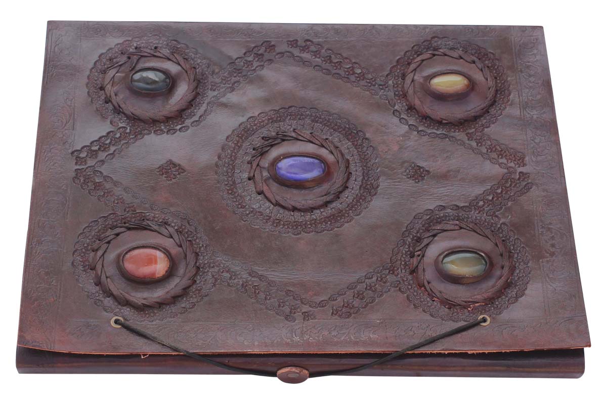 Bulk Wholesale Blank Writing Journal/Travel Diary in Leather Cover Decorated with 5 Faux Stones of Various Colors 10.5x13 Inch Handmade Brown Color - Secured by Thread-Button Closure - Unique Notebook/Scrapbook/Sketchbook