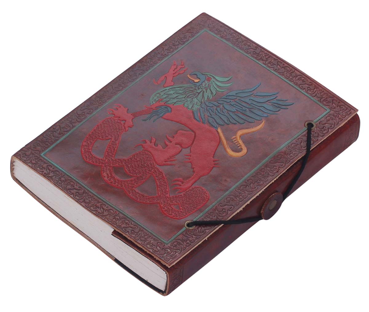 Bulk Wholesale Writing Journal/Scrapbook in a Leather Cover 5.2x7 Inch Handmade Brown Color with Colorful & Embossed Dragon Motif - Secured by a Thread-Button Closure - Unique Travel Diaries/Sketchbooks/Notebooks