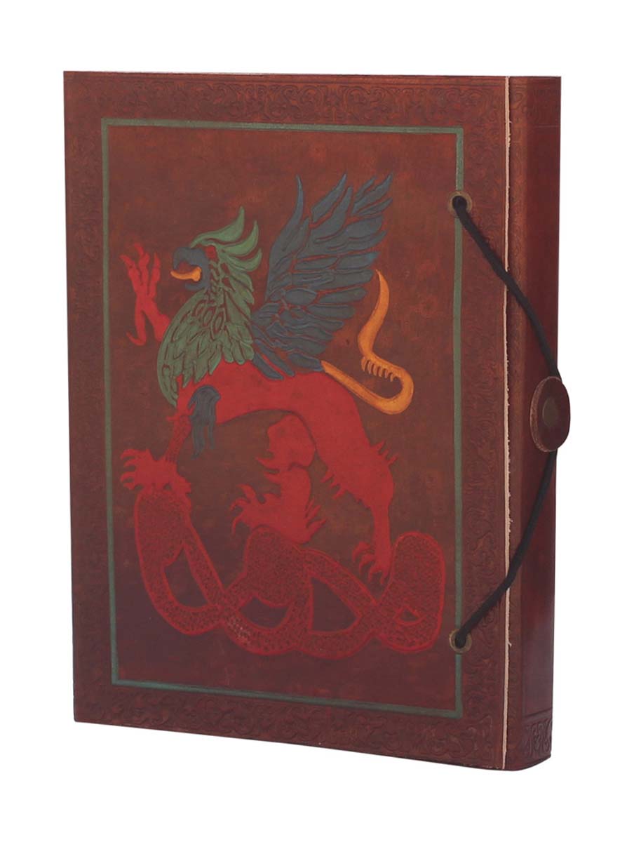 Bulk Wholesale Writing Journal/Scrapbook in a Leather Cover 5.2x7 Inch Handmade Brown Color with Colorful & Embossed Dragon Motif - Secured by a Thread-Button Closure - Unique Travel Diaries/Sketchbooks/Notebooks