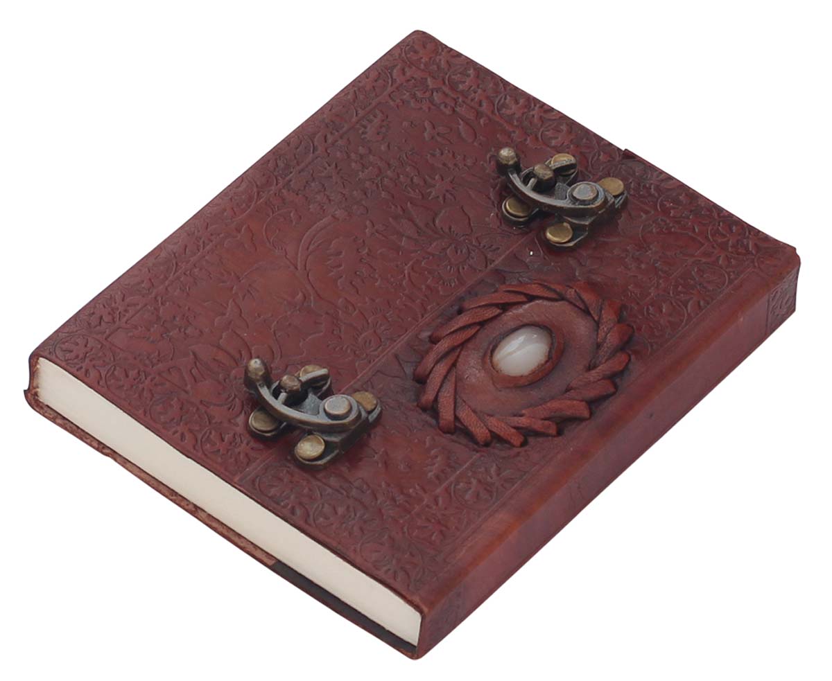 Bulk Wholesale Embossed Leather Cover Journal Decorated Notebook/Scrapbook/Sketchbook 5x6 Inch Handmade Brown Color with a Faux Stone - Vintage-Look Writing Journals/Travel Diaries