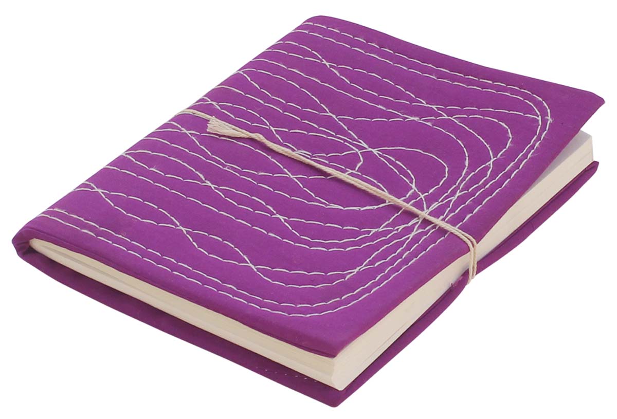 Bulk Wholesale 7x10.5 Inch Purple Color Writing Journal/Scrapbook with a Hard Fabric Cover - Designed in a Random Running Stab Stitch in White Color - Secured with a Thread Closure - Colorful Notebooks/Sketchbooks