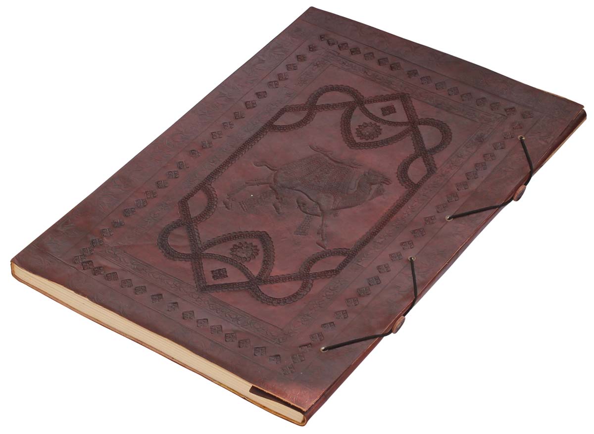 Bulk Wholesale Writing Journal/Notebook with Leather Cover 14x19.5 Inch in Brown Color & Handmade Papers/Sketchbook/Scrapbook Decorated with Embossed Camel Motif - Vintage Look Artist’s Books