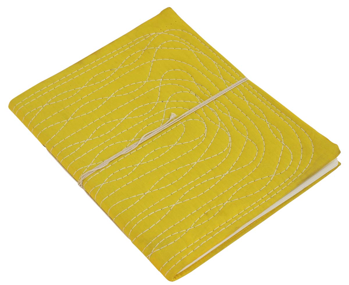 Bulk Wholesale 11x13.5 Inch Handmade Yellow Color Writing Journal/Scrapbook with a Hard Fabric Cover - Designed in a Random Running Stab Stitch in White Color - Secured with a Thread Closure - Unique Notebooks/Sketchbooks