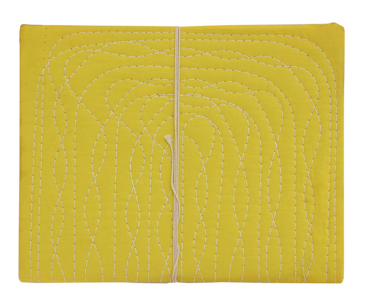 Bulk Wholesale 11x13.5 Inch Handmade Yellow Color Writing Journal/Scrapbook with a Hard Fabric Cover - Designed in a Random Running Stab Stitch in White Color - Secured with a Thread Closure - Unique Notebooks/Sketchbooks