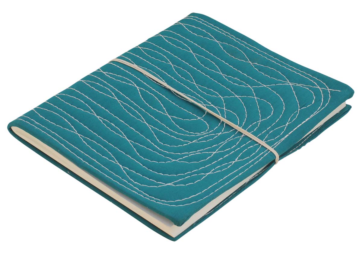 Bulk Wholesale Writing Journal/Scrapbook with a Hard Fabric Cover 11x13.5 Inch Handmade Turquoise Color - Designed in a Random Running Stab Stitch in White Color - Secured with a Thread Closure - Unique Notebooks/Sketchbooks