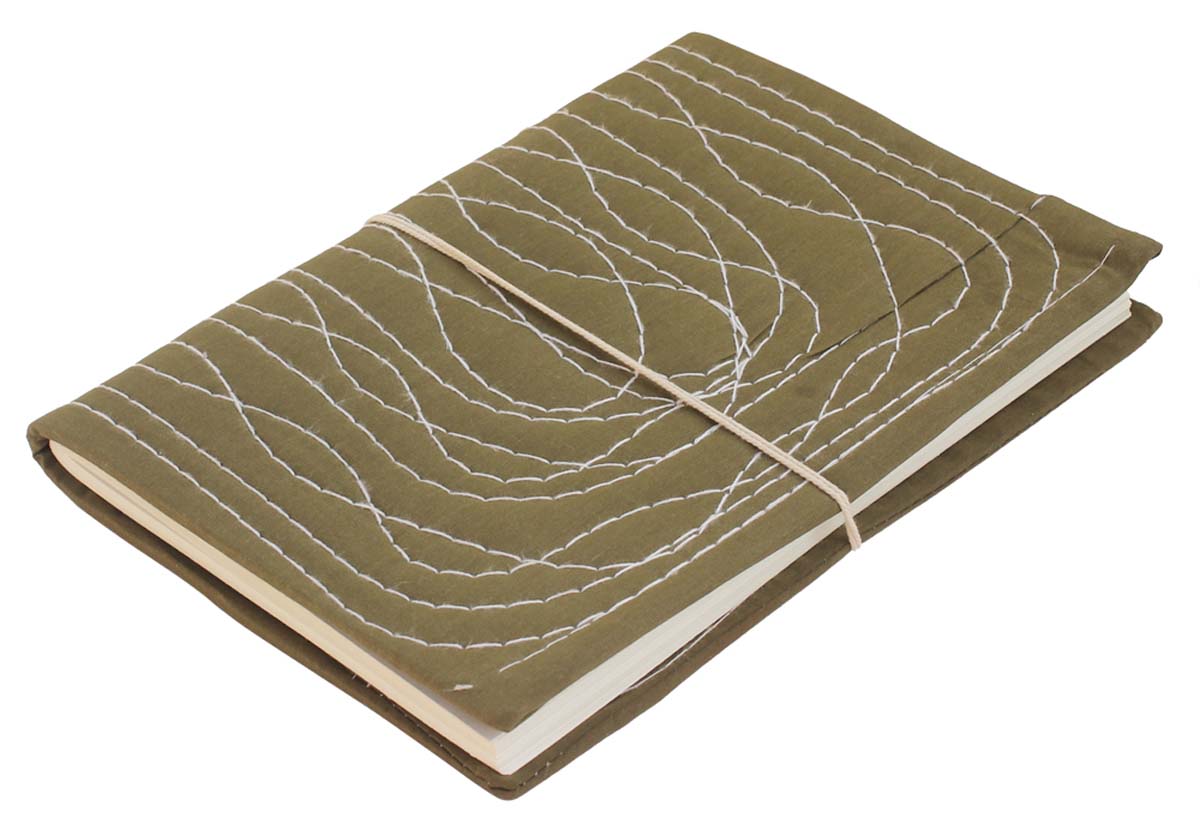 Bulk Wholesale Writing Journal/Scrapbook in Olive Green Color with a Hard Fabric Cover - 7.5x10.5 Inch Handmade Designed in a Random Running Stab Stitch in White Color - Secured with a Thread Closure - Unique Notebooks/Sketchbooks