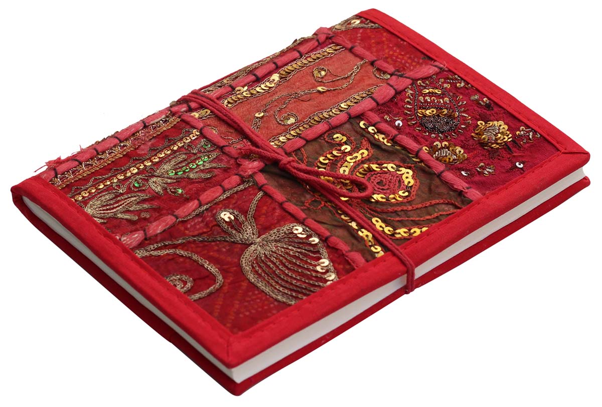 Bulk Wholesale 6x8 Handmade Red & Orange Color Writing Journal/Travel Dairy in Hard Fabric Cover with Hand-Embroidered Motifs - Secured by a Thread Closure - Unique Notebooks/Sketchbooks/Scrapbooks