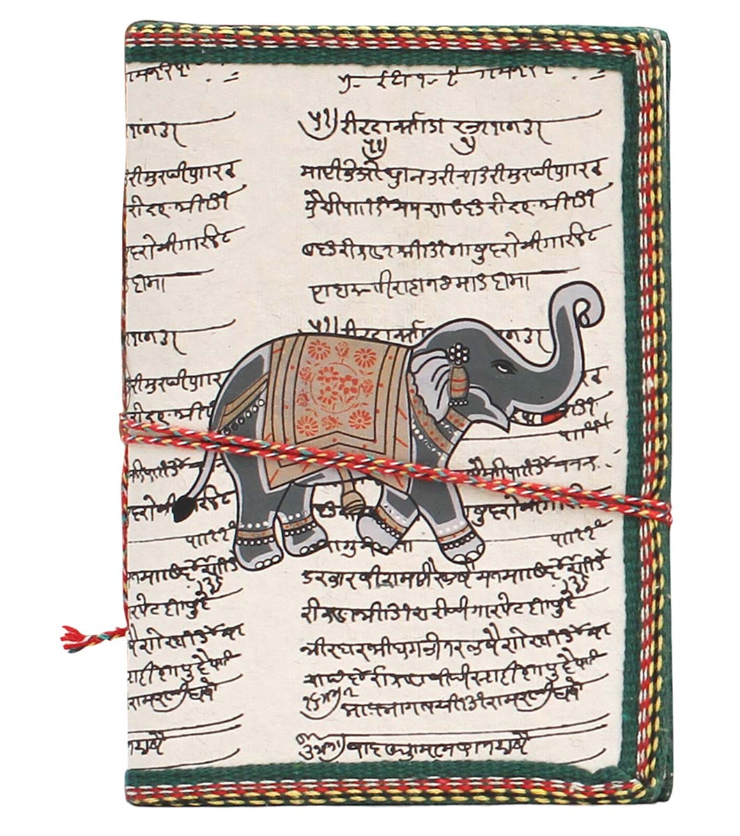 Bulk Wholesale Handmade Paper Journal - Elephant Motif & Ancient Script Writing - Thread Closure - Travel Diaries & Gift Ideas